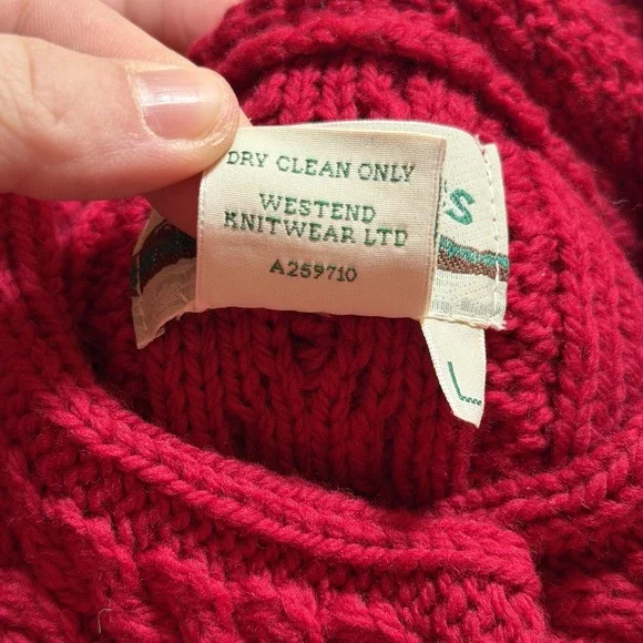 Aran Crafts Long Cardigan Sweater Womens L Red Wool Cable Knit Ireland Fisherman - Picture 9 of 16
